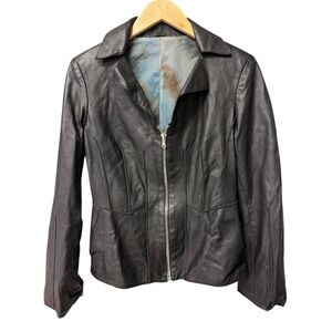 VINTAGE Vera Pelle Vegan Leather Zip Up Jacket Womens Black Made in Italy Y2K